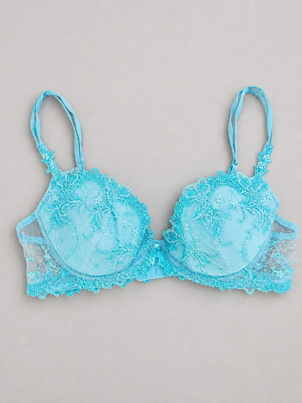 Turquoise Lace Underwire Bra with Floral Embroidery - Women Intimates